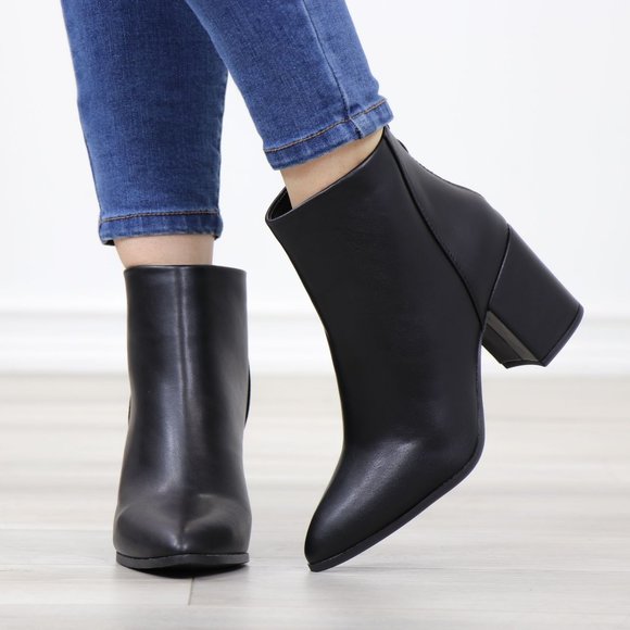 Block Low Heel Above Ankle Boots Pointed Toes Black Synthetic Leather - Picture 2 of 12